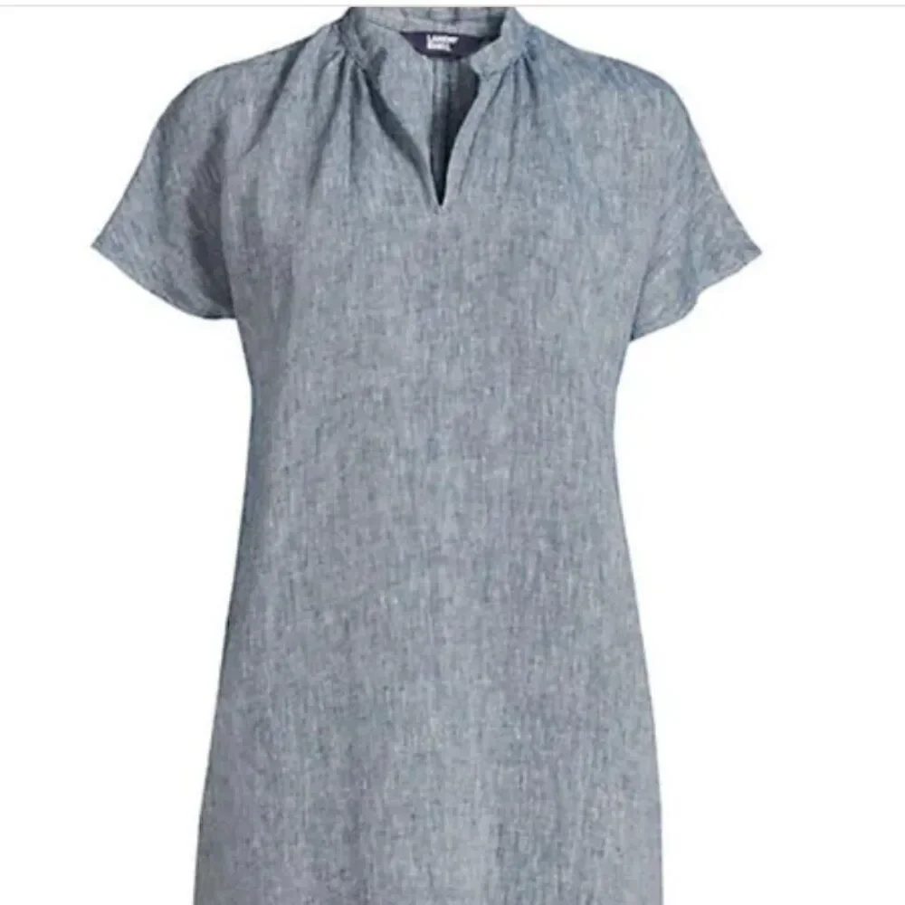 Lands End 100% Linen Midi Dress Chambray Blue Womens Medium 10-12 - Picture 1 of 6
